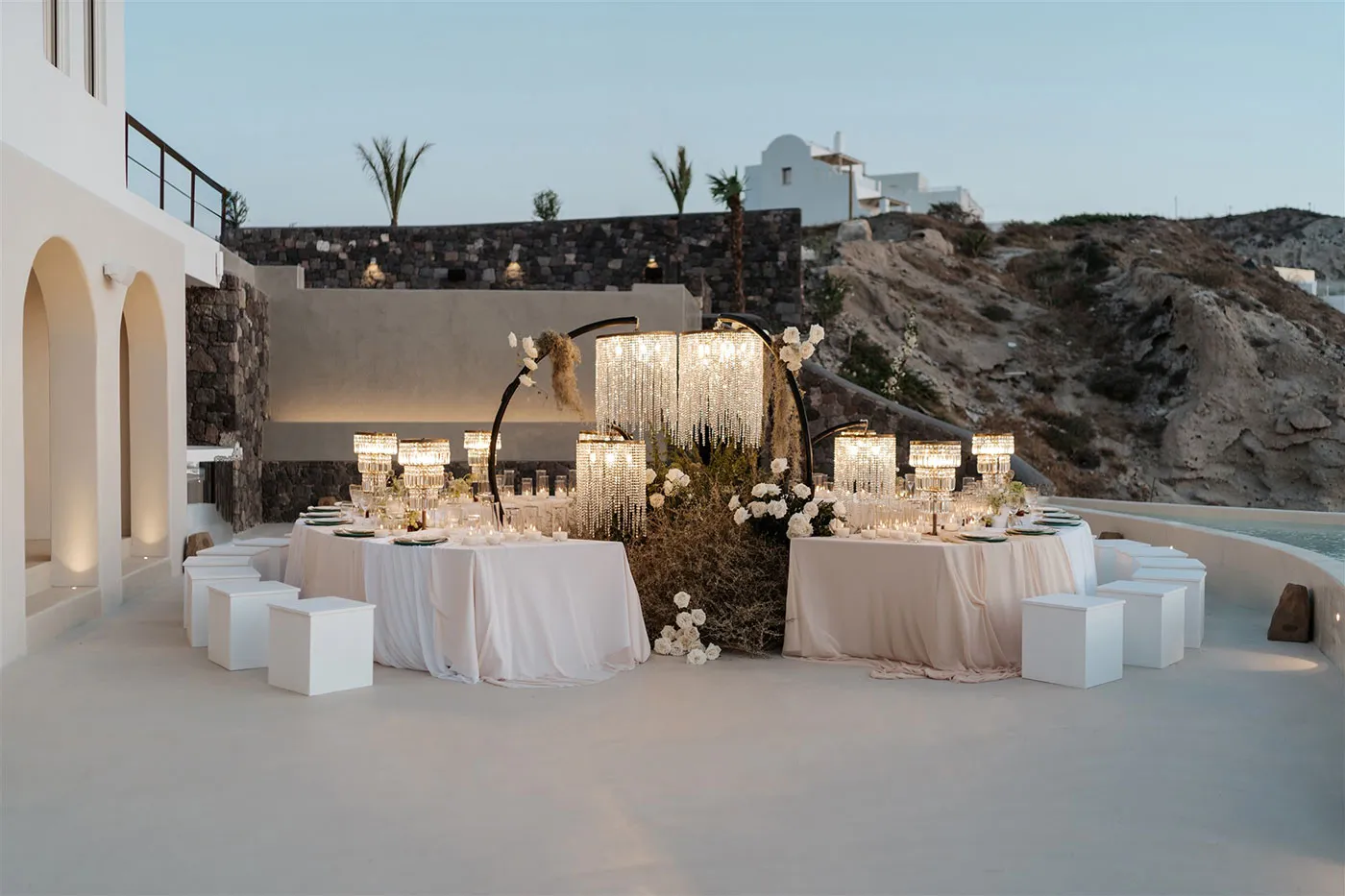 Candlelit wedding reception at a Santorini venue