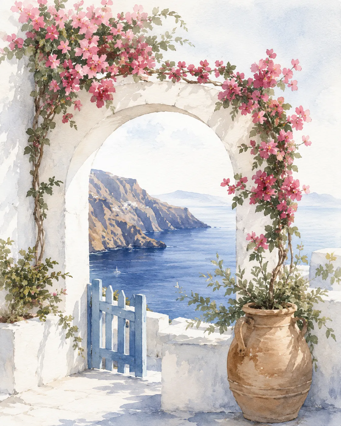 Watercolor of a whitewashed archway draped in bougainvillea over a blue gate to the sea