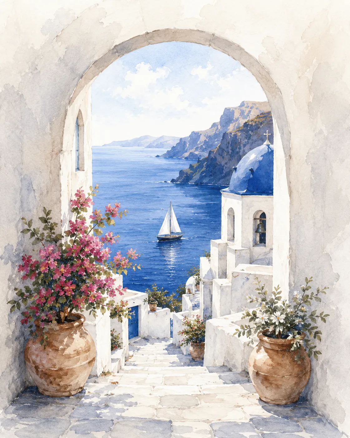 Watercolor of stone steps and an arch framing a sailboat on the caldera