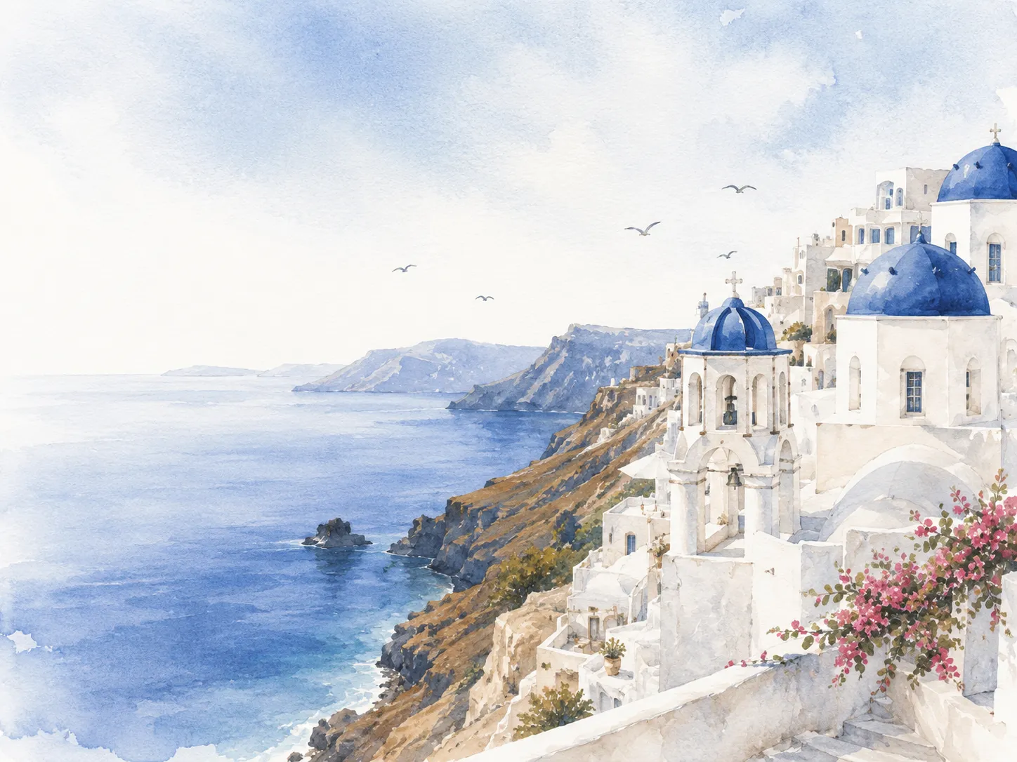 Watercolor panorama of the Santorini caldera with blue-domed churches and bougainvillea