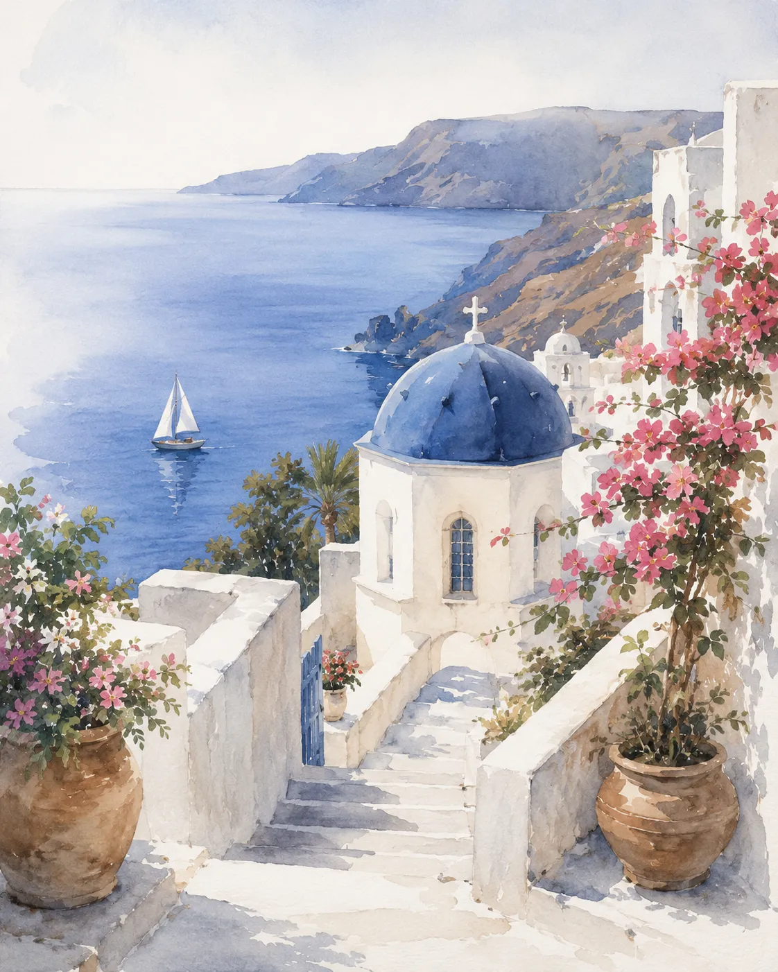Watercolor of a cobalt-domed chapel, whitewashed stairs and bougainvillea