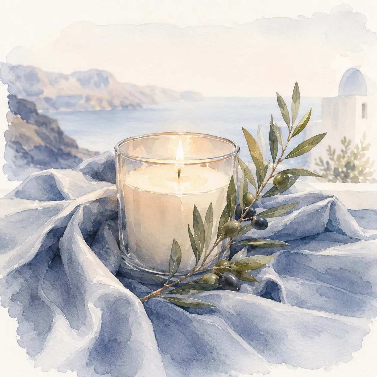 Watercolor of a lit candle and an olive branch resting on blue linen by the sea