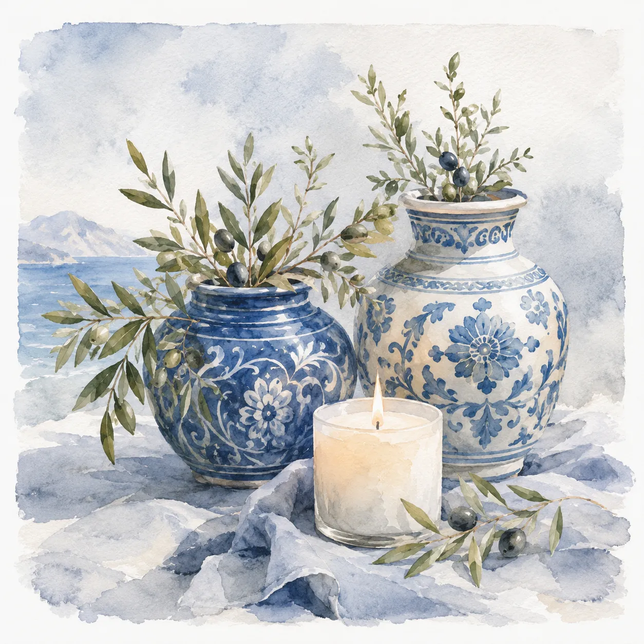 Watercolor of blue-and-white ceramic vases with olive branches beside a candle